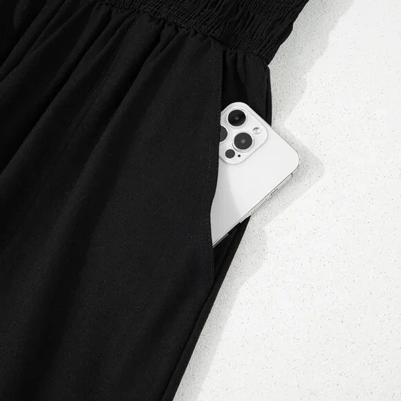 B249 Black Spaghetti Straps Shirred Bodice Pocketed Wide Leg Jumpsuit - Picture 12 of 16